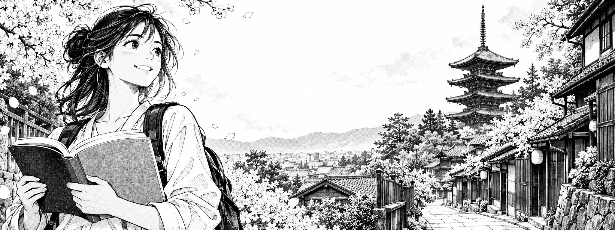 Ilustrasi manga pelajar dengan buku dan jalan tradisional Jepang